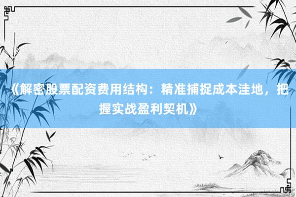 《解密股票配资费用结构：精准捕捉成本洼地，把握实战盈利契机》